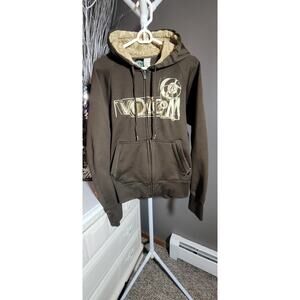 Vintage Y2K Volcom Hoodie Brown Zip Up Men Sm Khaki Logo Thumb Hole Hood Lined